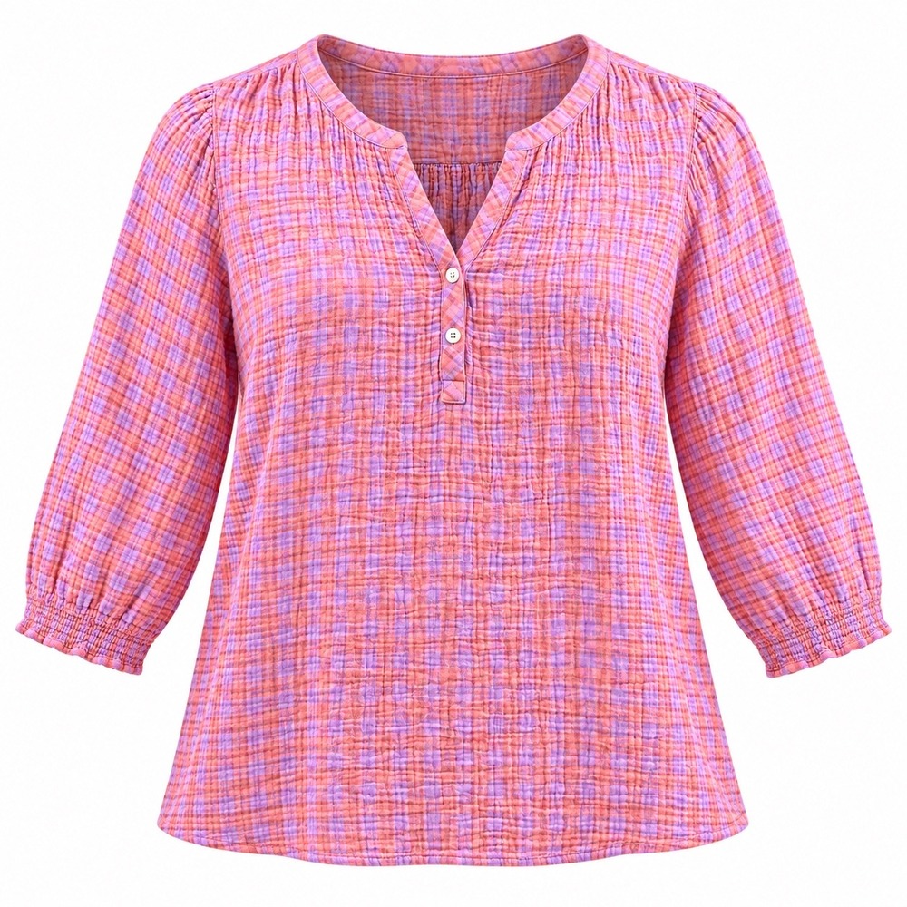 J Jill Gauze Henley Blouse top 3/4 Sleeve Large Petite cottage lagenlook coastal